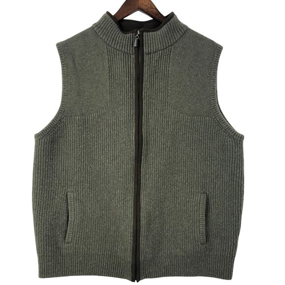 VNTG L.L. Bean Vest Wool Zip Front Mock Neck XXL Green Ribbed Knit Merino Mens